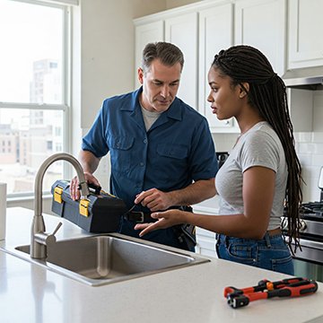 A property maintenance technician discusses a plumbing repair with a tenant