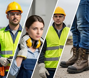 Industrial maintenance workers wearing PPE including safety goggles, hard hats, and protective boots.