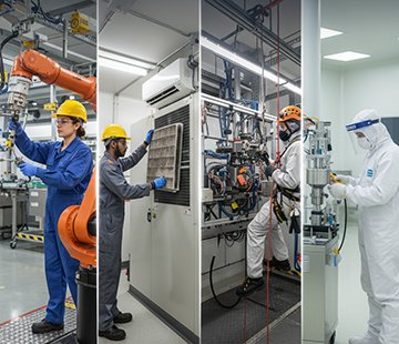 Technicians perform preventive maintenance in various industries.