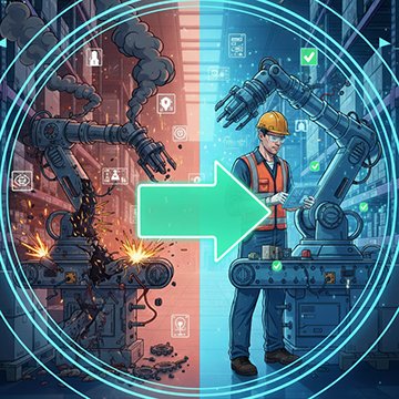 An image of costly reactive repair and a technician conducting preventive maintenance.