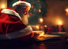 Image: Santa checking his list by firelight
