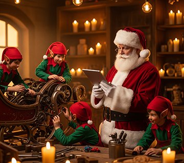 Santa reviewing CMMS mobile work orders while maintenance elves conduct PMs.