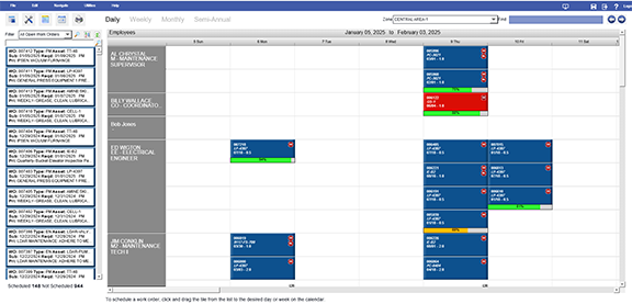 MAPCON's CMMS work order scheduling calendar shows planned preventative maintenance tasks.