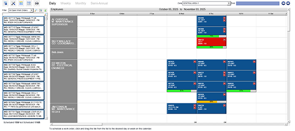 MAPCON's CMMS work order scheduling calendar shows planned preventative maintenance tasks.