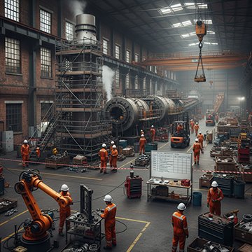 Workers conduct maintenance duties during a factory shutdown.