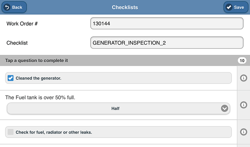 MAPCON Pro advanced checklist for inspecting a generator, Mobile